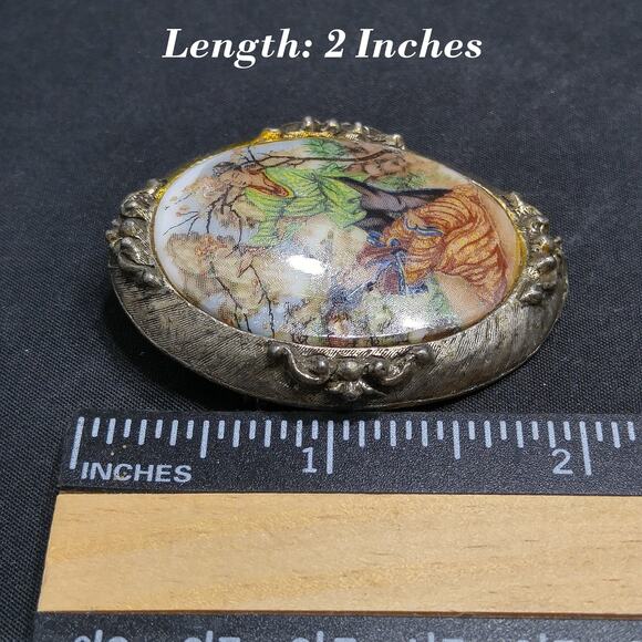 Vintage Porcelain Asian Couple Brooch Pendant Gold Tone Cameo Unsigned - Picture 7 of 10